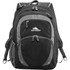 A black and grey backpack with multiple compartments and a logo, designed for carrying laptops and other belongings.