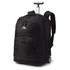 A black wheeled backpack with a retractable handle and various compartments, featuring a logo.