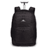 A black wheeled backpack with a retractable handle and multiple zippered compartments. Features a logo.
