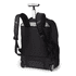 A black wheeled backpack with shoulder straps and a telescopic handle, featuring a logo.