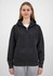 A black women's zip hoodie with a front zipper and hood, featuring a simple design and a logo.