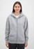 A grey women's zip hoodie with a front zipper and hood, featuring a subtle logo.