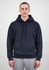 A navy men's hoodie with a front pocket and drawstring hood, modeled by a man, against a plain background.