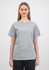 A women's short sleeve tee in grey, featuring a simple design and relaxed fit. The model is standing straight.