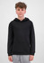 A black hoodie with a front pocket and a hood, displayed on a young model against a plain background.