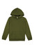 An olive green youth hoodie featuring a front pocket and a drawstring hood, with branding visible.