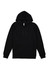A black hoodie with a front pocket and a drawstring hood, featuring a logo on the front.