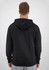 A black men's hoodie with a kangaroo pocket and a hood, viewed from the back. It features a logo on the back.