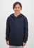 A navy hoodie for kids with a front pocket and an attached hood, displayed on a child model.