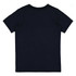 A navy blue short sleeve t-shirt featuring a logo on the back. Ideal for kids' casual wear.