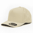 A beige cap with perforations and a curved visor, featuring a logo on the front.
