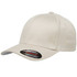 A beige cap with a curved brim and a logo on the side.