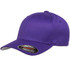 A purple cap with a curved brim and a logo on the side, featuring a smooth fabric texture.