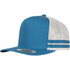 A blue trucker cap with a mesh back, featuring two white stripes on the side and a logo on the front.