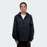A black unisex windbreaker jacket with a hood, featuring elastic cuffs and a front zip.