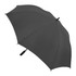 A black umbrella with a curved handle and a sleek design, featuring a branding logo.