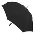 A black umbrella with a curved canopy, featuring a handle and an attachment point. It has a logo on the handle.