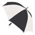 A black and white striped umbrella with a curved handle and a branding logo.