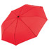 A compact red umbrella with a black button and eight panels, featuring a logo on the handle.