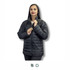 A black women's puffer jacket with a zip front and a high collar, worn by a model. It has a brand logo.
