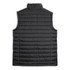 A black men's puffer vest with a high collar and quilted texture, featuring a logo on the back.