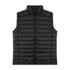 A black puffer vest with a high collar and zip closure, featuring a logo on the front.
