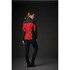 A women’s softshell jacket featuring a black and red design, displayed from the back against a dark background.
