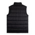 A black men's puffer vest with a quilted design and no sleeves, featuring a collar and a logo.