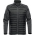 A men's hybrid jacket in dark grey with a quilted front and knit sleeves. Features a full zip and two side pockets.
