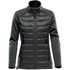 A women's hybrid jacket in dark grey and black with a zip front and a high collar. It features a logo.