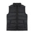A black women's puffer vest with a front zipper and two side pockets, featuring a logo.