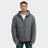 A grey puffer jacket with a hood, featuring a front zip and quilted design, worn by a model.