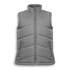 A grey women's puffer vest featuring a high neck and zip front, with two side pockets and a logo.