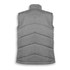 A grey puffer vest with a quilted design and a collar. Features a branding logo.