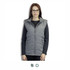 A woman wearing a grey puffer vest with a zip front, featuring a hood and pockets. The vest has a logo.