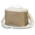 A jute cooler bag in natural beige with a white top and handle, featuring a detachable strap and branding.