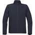 A dark navy softshell jacket with a full zip and two zipped pockets, featuring a logo.
