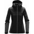 A black women's softshell hoody featuring a hood, zippered front, and two side pockets. Includes branding.