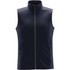 A navy blue softshell vest with a high collar and side zip pockets. It features a logo on the chest.