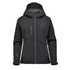 A black insulated softshell jacket with a hood and multiple zippers, featuring a logo on the sleeve.