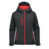 A women's insulated softshell jacket in black with red accents and a hood, featuring multiple zip pockets and a logo.