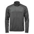 A dark grey long sleeve quarter-zip shirt with a collar and a logo on the sleeve.