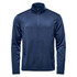 A navy long sleeve men's shirt featuring a 1/4 zip collar and a logo. Ideal for casual wear.