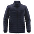 A men's navy quilted jacket with a front zip and a logo on the hem, featuring a modern, insulated design.