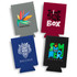 A selection of four stubby holders in various colours, each featuring different designs and a small logo.