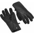 A pair of black softshell gloves with textured grip areas and a branded logo.
