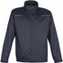 A navy blue men's jacket with a high collar and reflective detailing, featuring a logo on the sleeve.