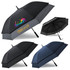 A collection of four umbrellas in black and navy, featuring different designs and one with a logo.