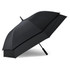 A large black umbrella with a sturdy handle and an oversize canopy, featuring a logo.
