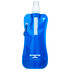 A drink bottle featuring a blue water pouch design with a clear section and a carabiner attachment.